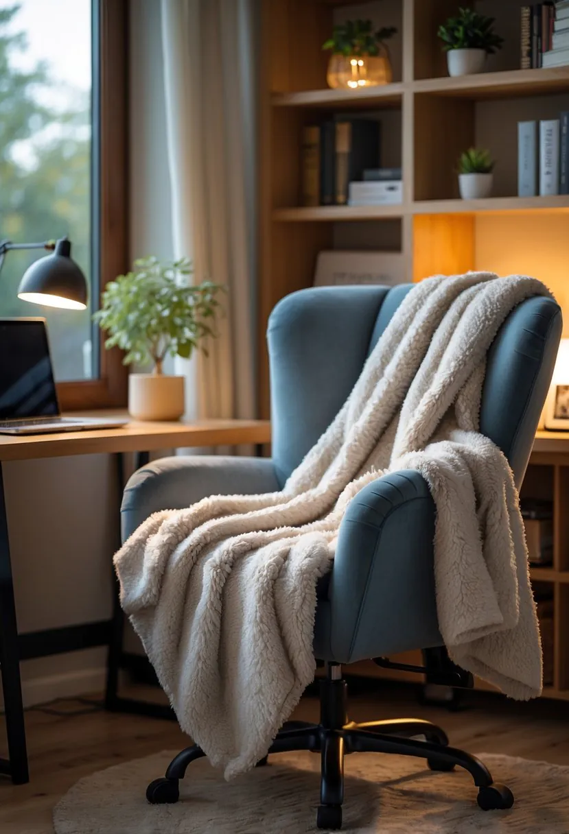 A home office with a chair covered by soft throw blankets next to a desk with a laptop and plants.