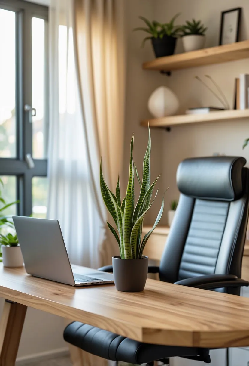 A cosy home office with a wooden desk, laptop, ergonomic chair, and a small snake plant in a pot.