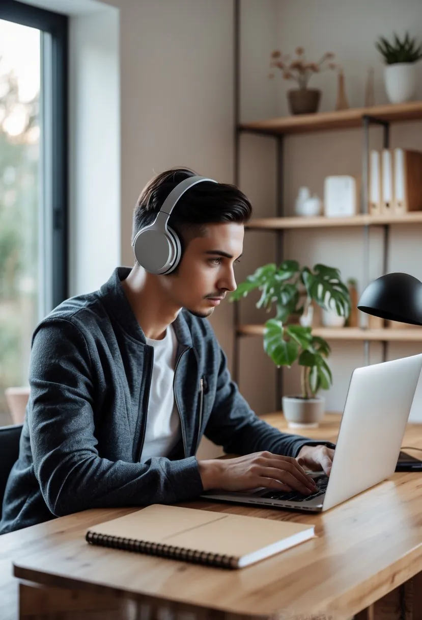 Person wearing noise-cancelling headphones working at a tidy home office desk with a laptop and coffee.