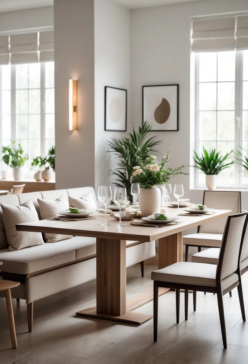 Dining room with a wooden table and bench seating on one side, chairs on the other, set with tableware and natural light coming through large windows.