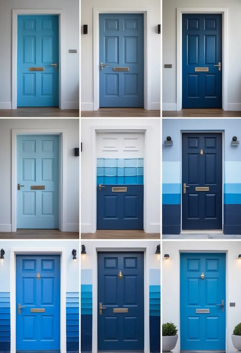 Seven doors painted in various ombre blue gradient styles arranged side by side.