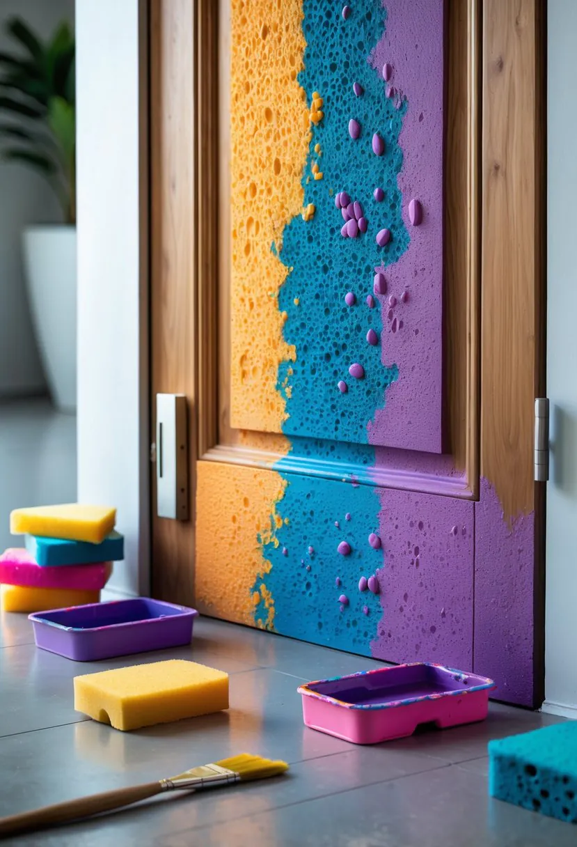 A close-up of a wooden door being painted with colorful textured patterns using sponges, with painting supplies nearby.