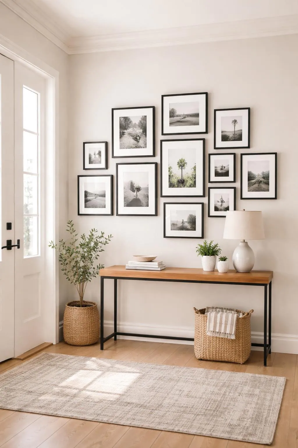 An entryway with a gallery wall of black frames above a wooden console table decorated with a plant, books, and a lamp.