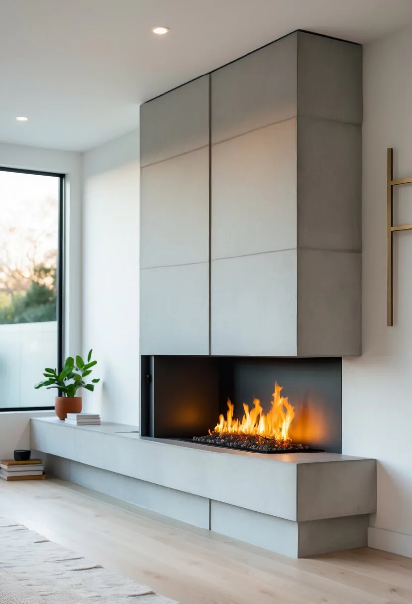 A living room with a fireplace set into a concrete wall, flames burning inside, surrounded by light hardwood floors and simple decor.