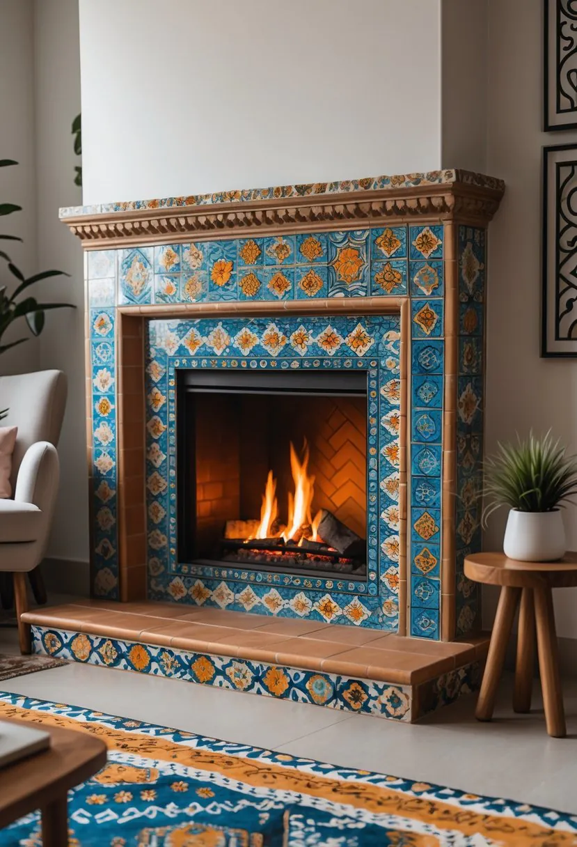 A living room with a fireplace surrounded by colorful patterned tiles and cozy furniture.
