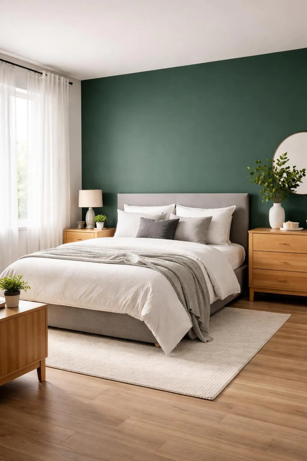 A bedroom with an emerald green accent wall, a bed with white and gray bedding, wooden furniture, and natural light coming through sheer curtains.