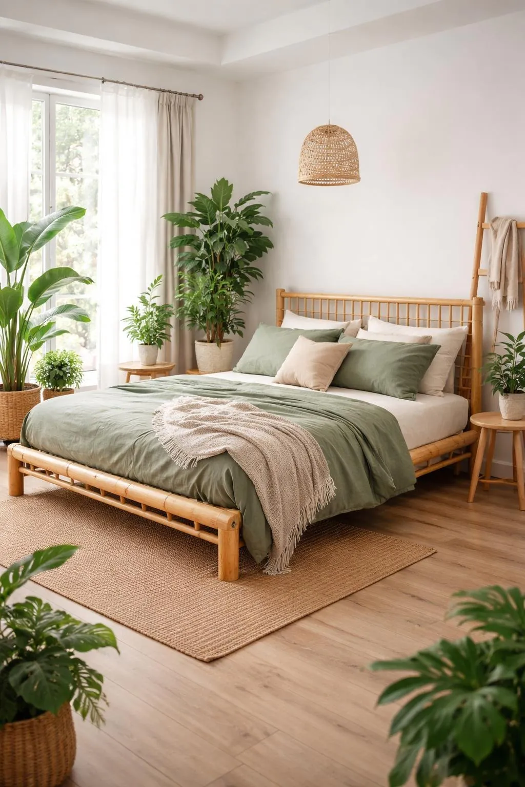 A bedroom with a bamboo bed frame, green bedding, plants, and natural light coming through windows.