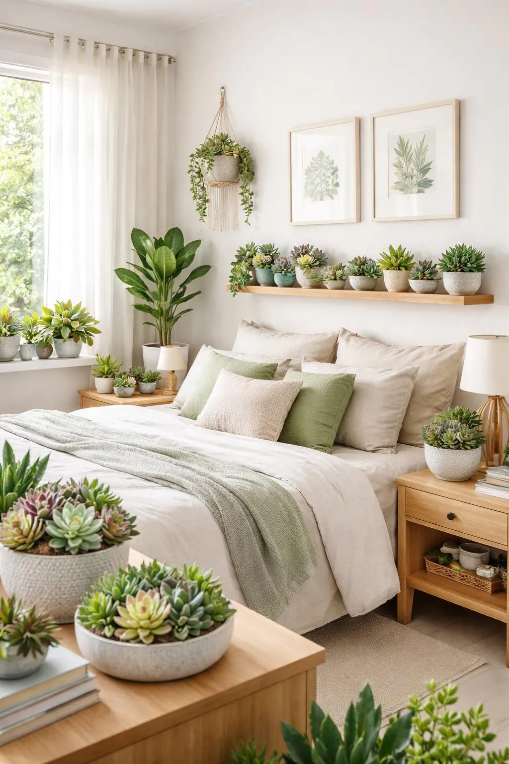 A bright bedroom with a bed surrounded by various succulent plants in pots on tables and shelves, with natural light coming through a window.