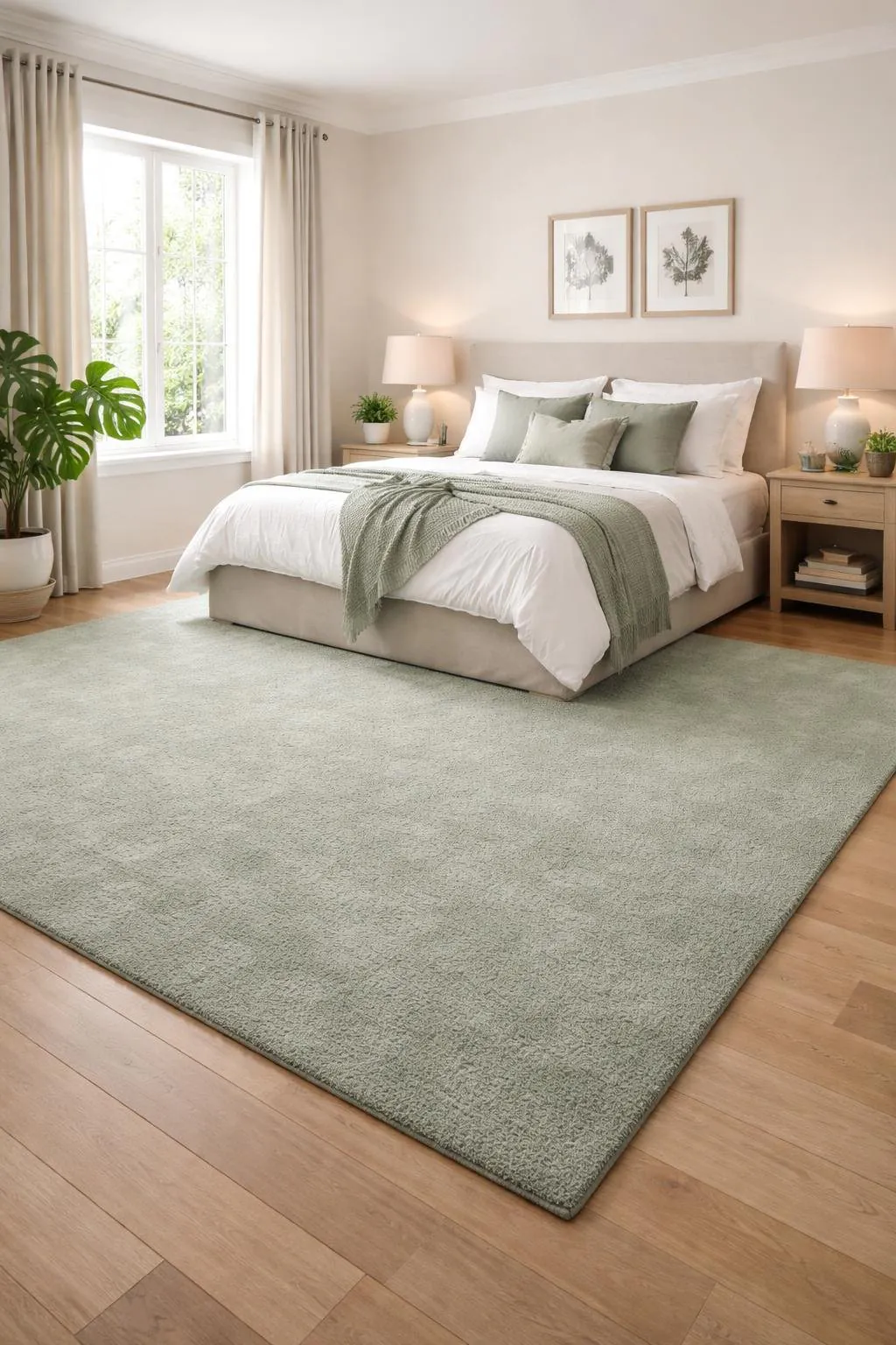 A bedroom with a sage green area rug, a bed with white and green bedding, a potted plant on a bedside table, and natural light coming through a window.