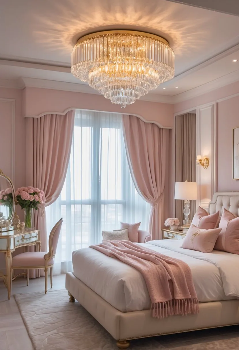 A bedroom with a crystal chandelier hanging from the ceiling, a neatly made bed with pillows, sheer curtains, and a small vanity table with flowers.