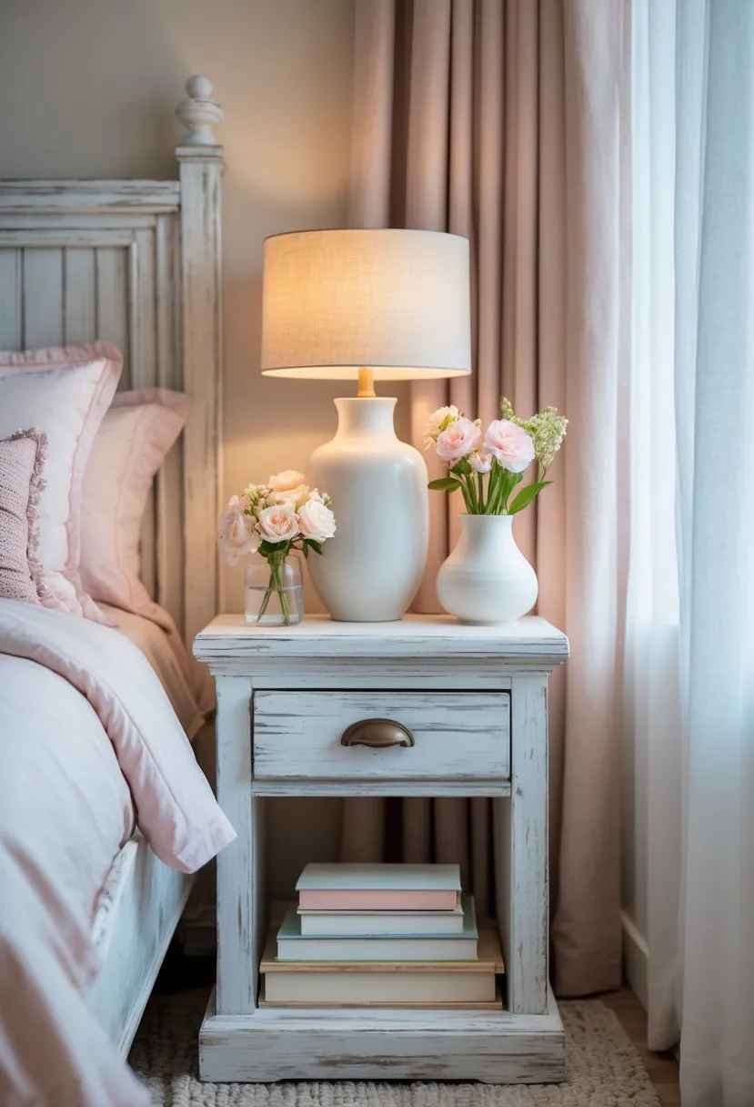 A bedroom corner with whitewashed wooden bedside tables holding a vase of flowers, a lamp, and books next to a bed with pillows and soft bedding.