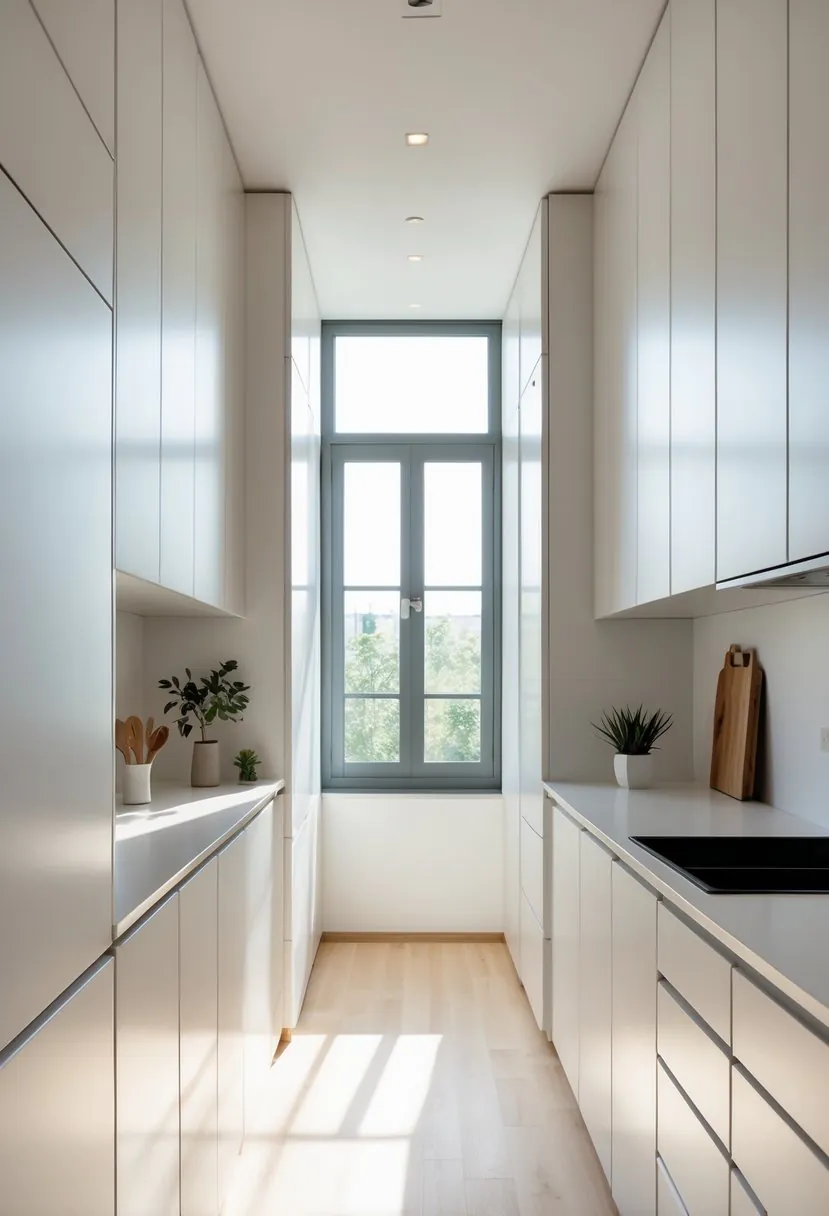 A narrow kitchen with tall, slim storage cabinets lining both sides and a window at the far end.