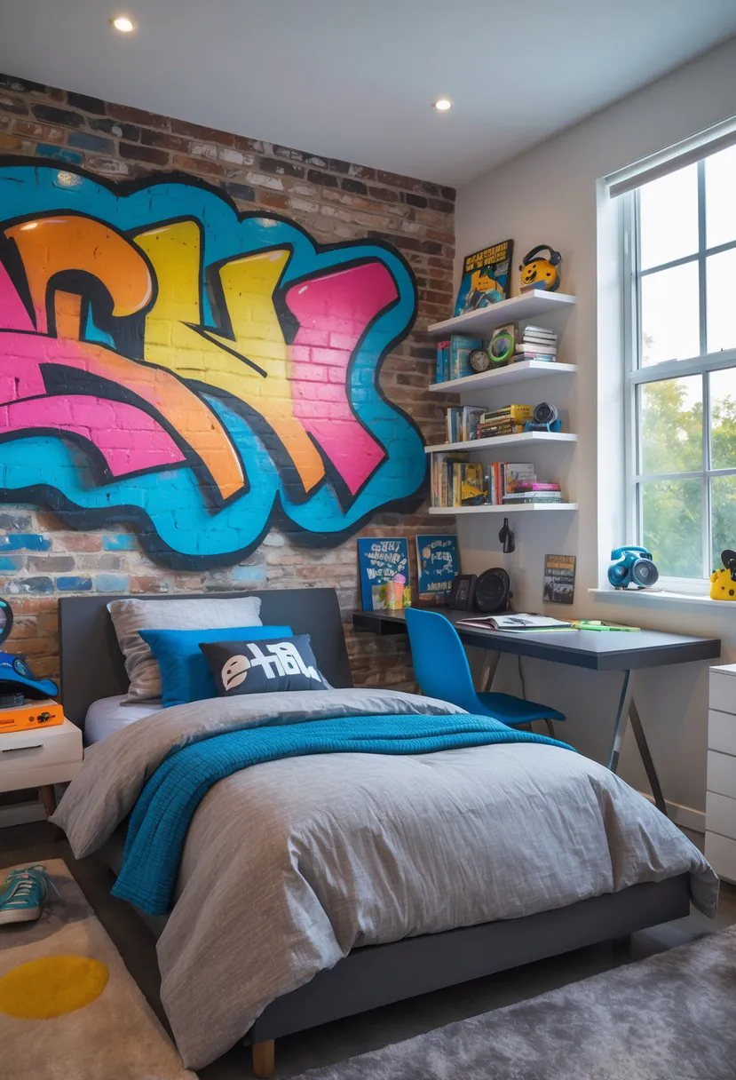 A teenage boy's bedroom with a colorful graffiti wall, bed, desk, and personal items.