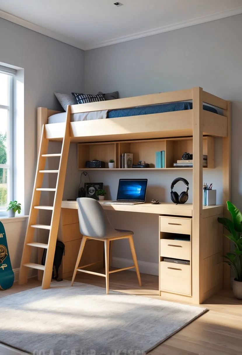 A teenage boy's bedroom with a loft bed and a built-in desk underneath, featuring a laptop, books, and personal items.