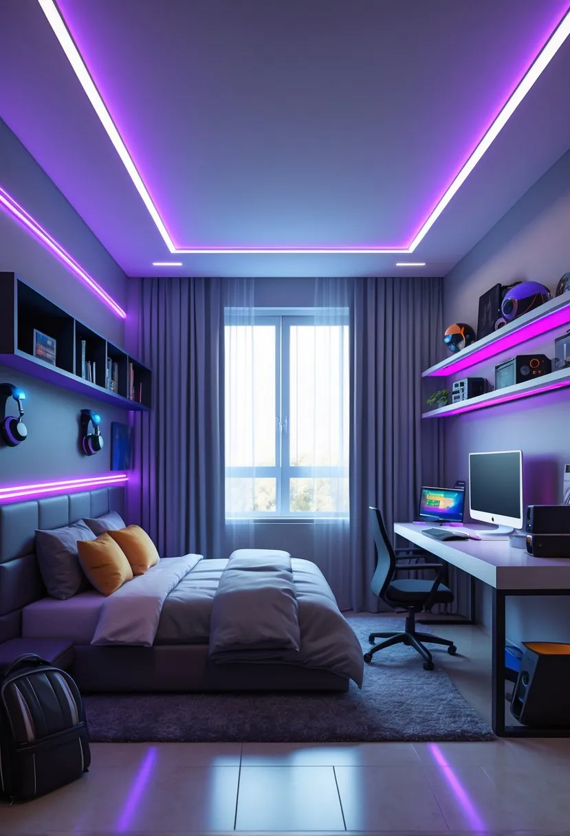 A teenage boy's bedroom with a bed, desk, shelves, and colorful LED strip lighting along the ceiling and behind the desk.