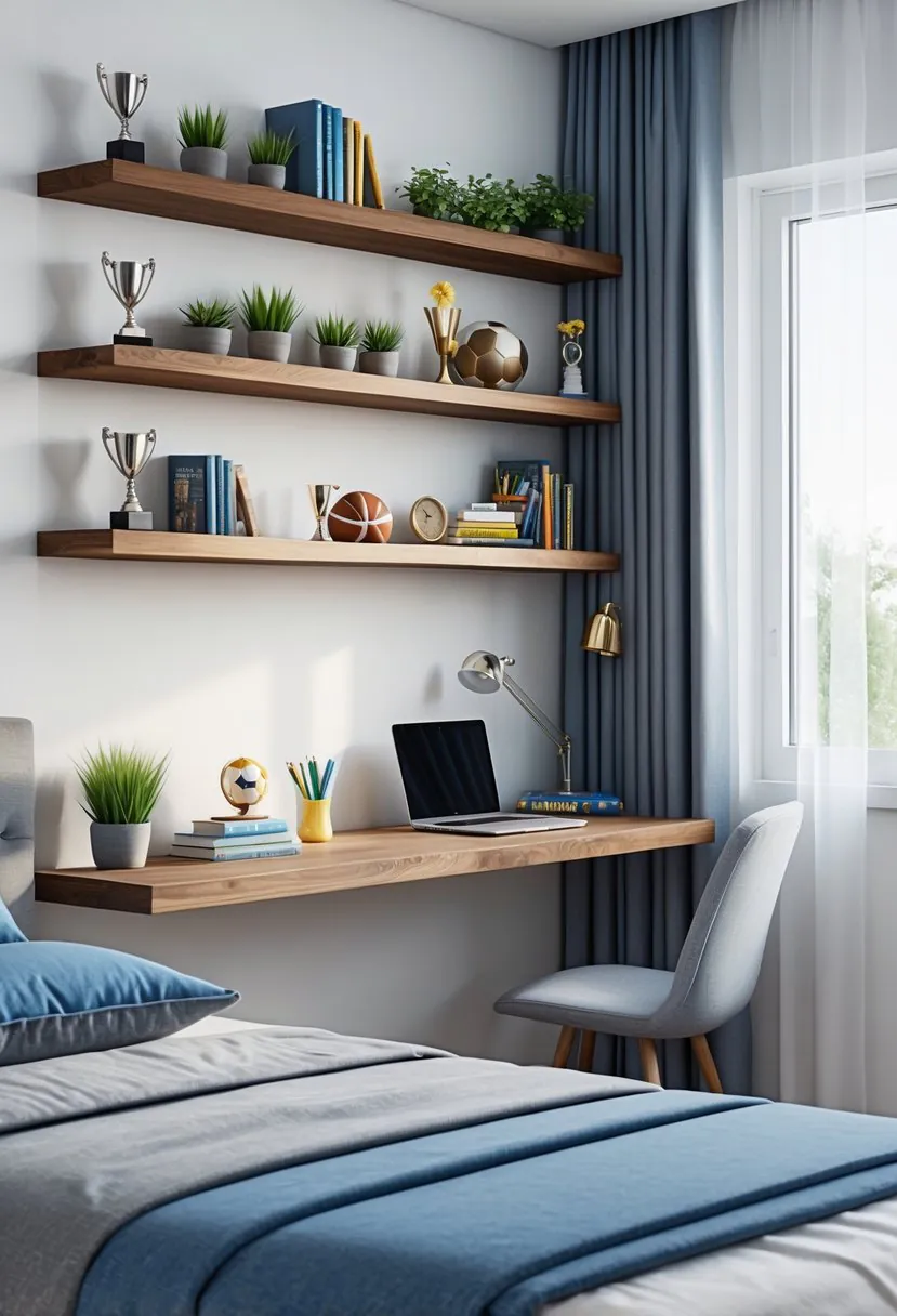 A tidy teenage boy's bedroom with floating wood shelves holding books and decorations, a bed, desk, and window letting in natural light.