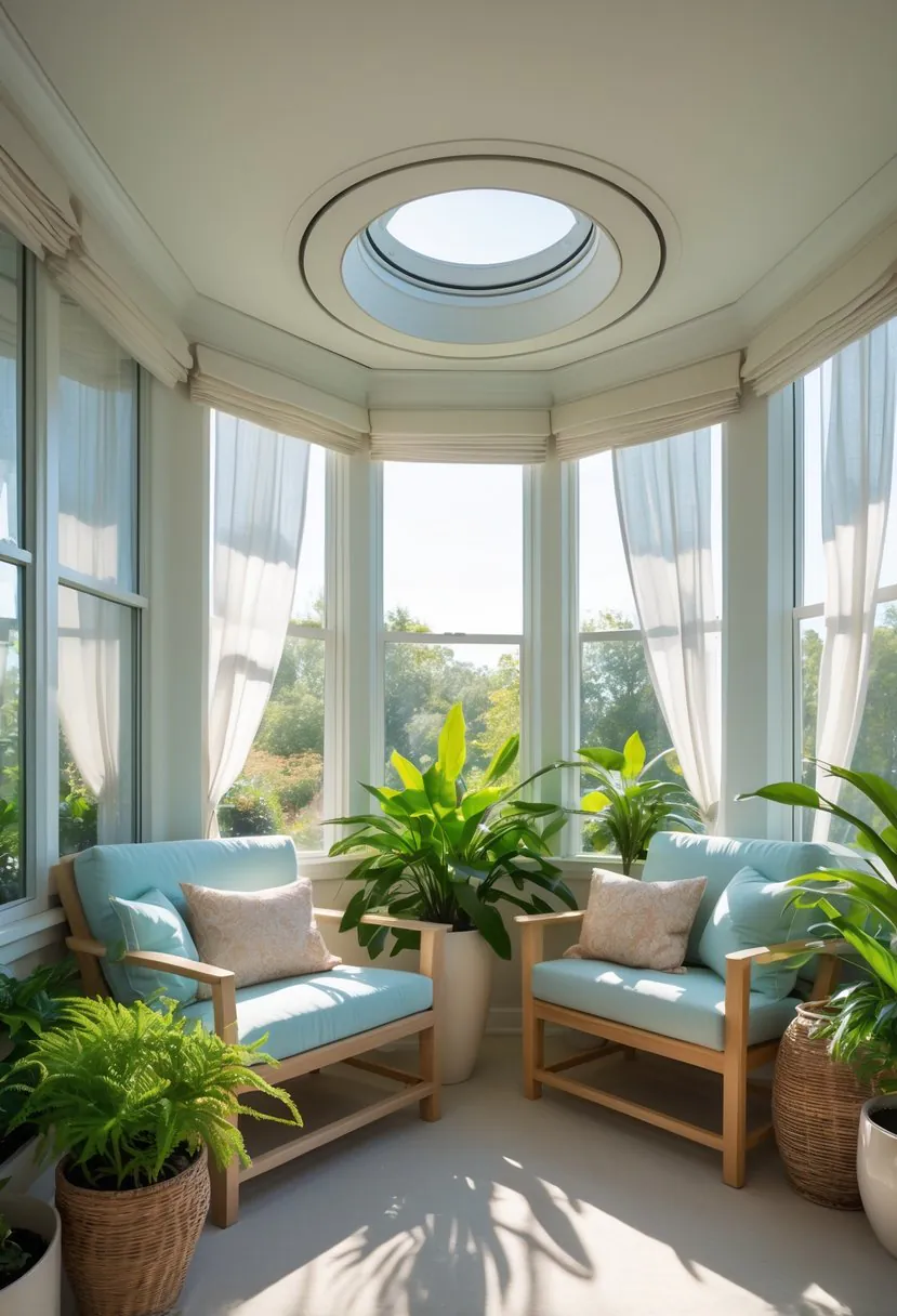 A sunroom with a sun tunnel in the ceiling letting natural light into a bright room with plants and seating.