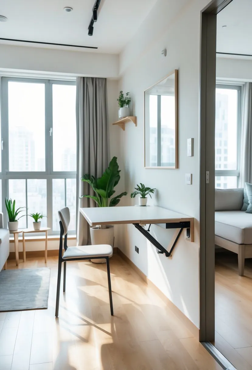 Studio apartment interior with a foldable table partially extended and a chair nearby, showing a compact and organized living space.