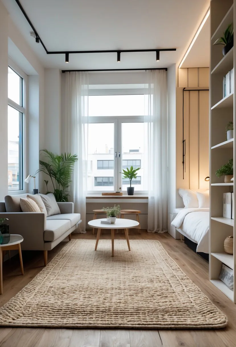 A studio apartment with separate living and sleeping areas defined by different rugs on the floor.