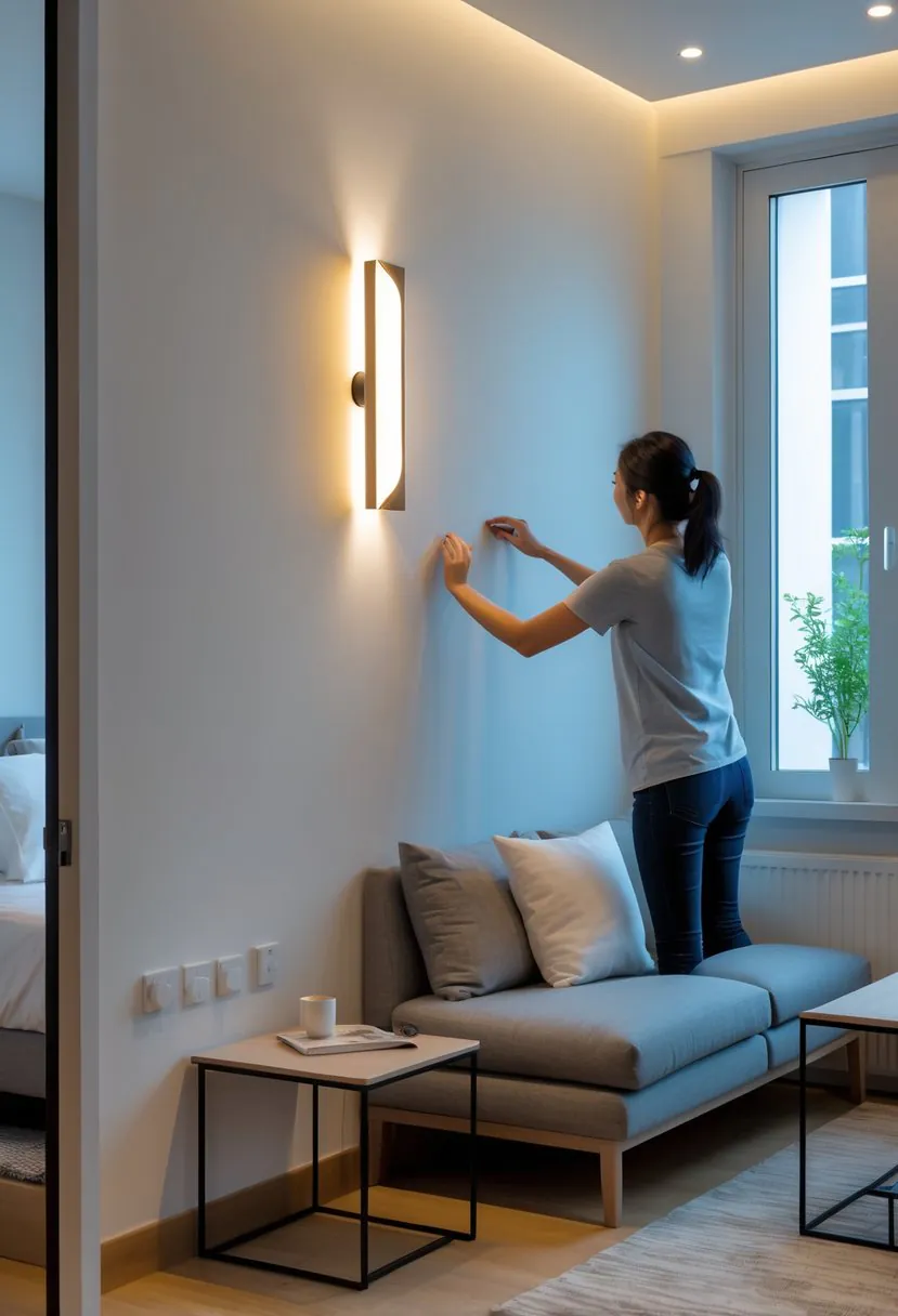 A person installing a wall-mounted light fixture in a small studio apartment with a sofa and a window in the background.