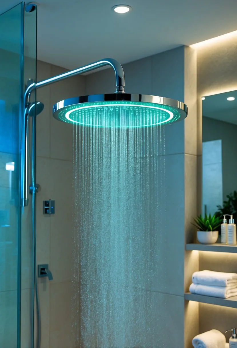 A rainfall showerhead with LED lighting in a modern spa bathroom with water flowing and spa accessories nearby.