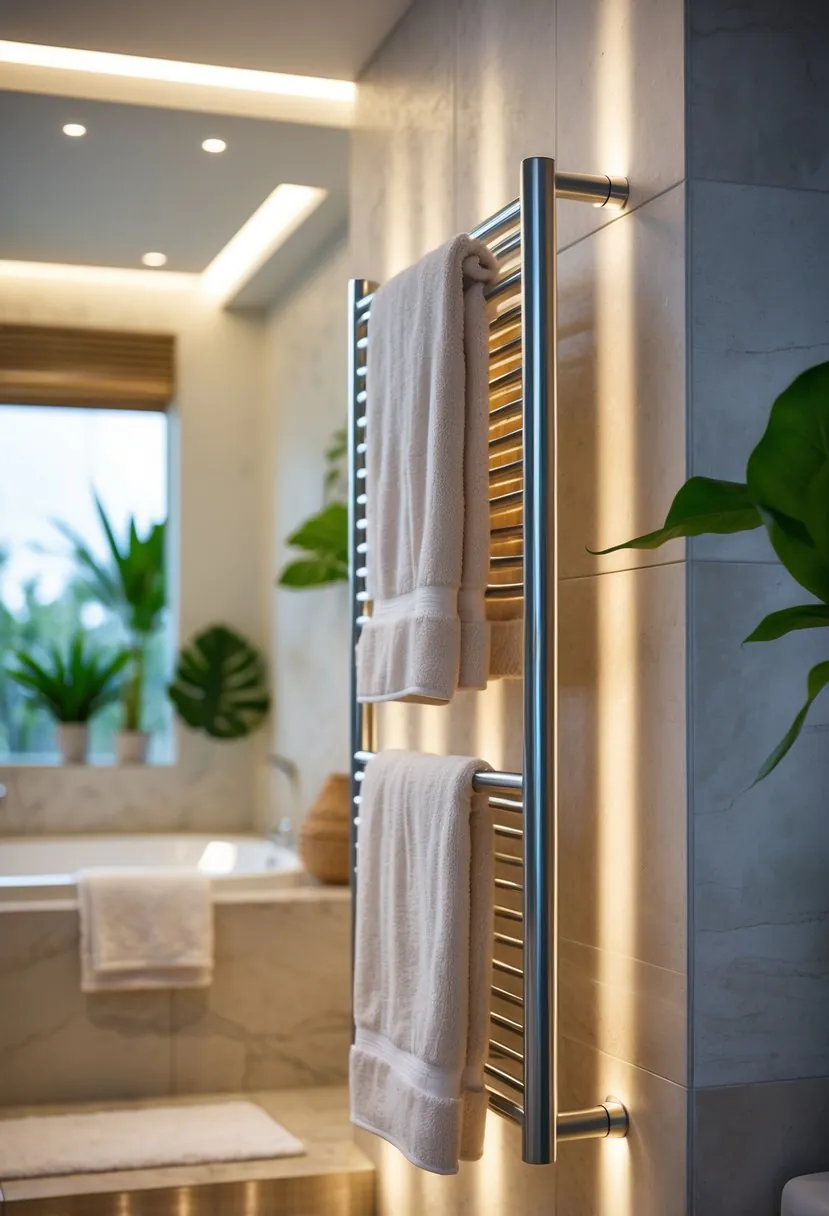 A modern bathroom with a heated towel rack holding warm towels, a bathtub, and plants creating a relaxing spa environment.
