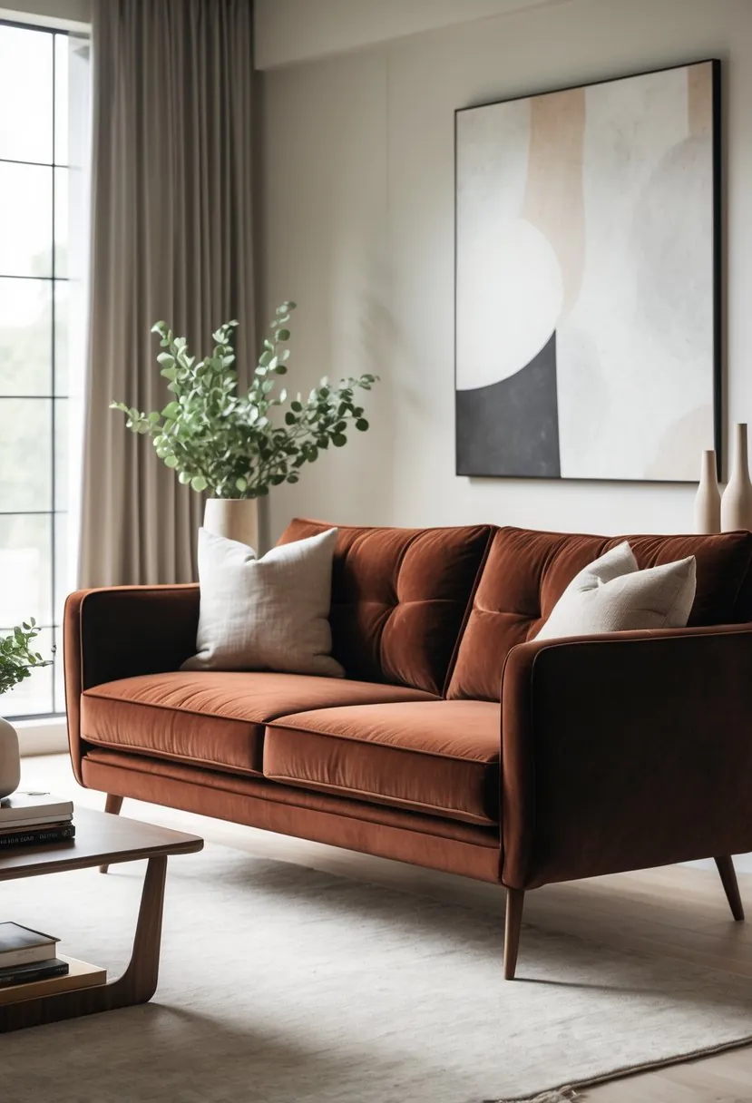 A living room with a velvet sofa, wooden coffee table, plants, and natural light coming through a large window.