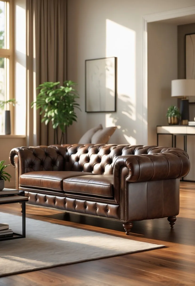 A brown leather sofa in a living room with a coffee table, rug, and wall decorations.