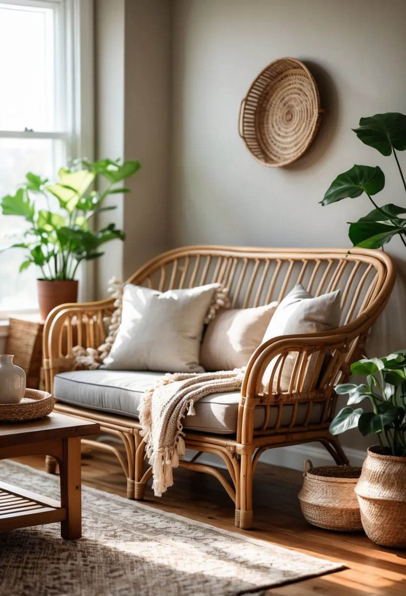 A cozy living room with a rattan sofa, coffee table, plants, and soft natural lighting.