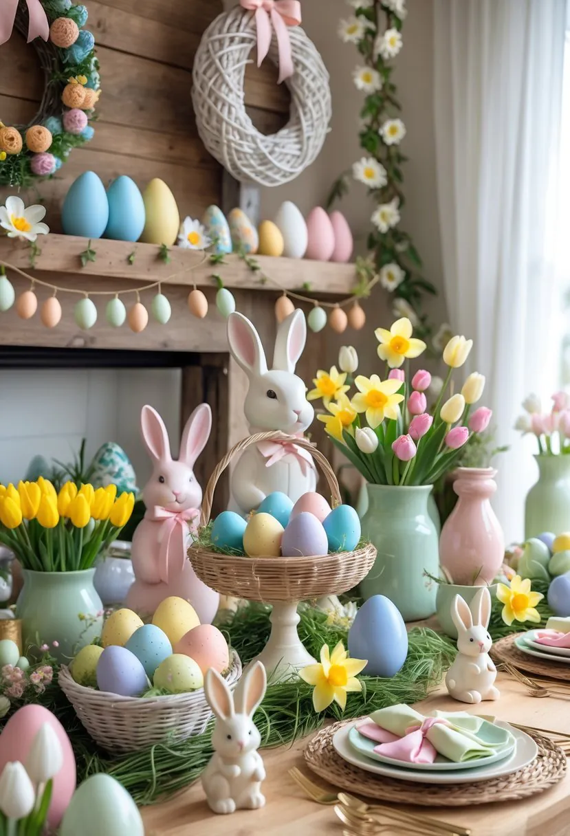 A table decorated with colorful Easter eggs, spring flowers, bunny figurines, wreaths, candles, and gift boxes arranged in a bright room with natural light.