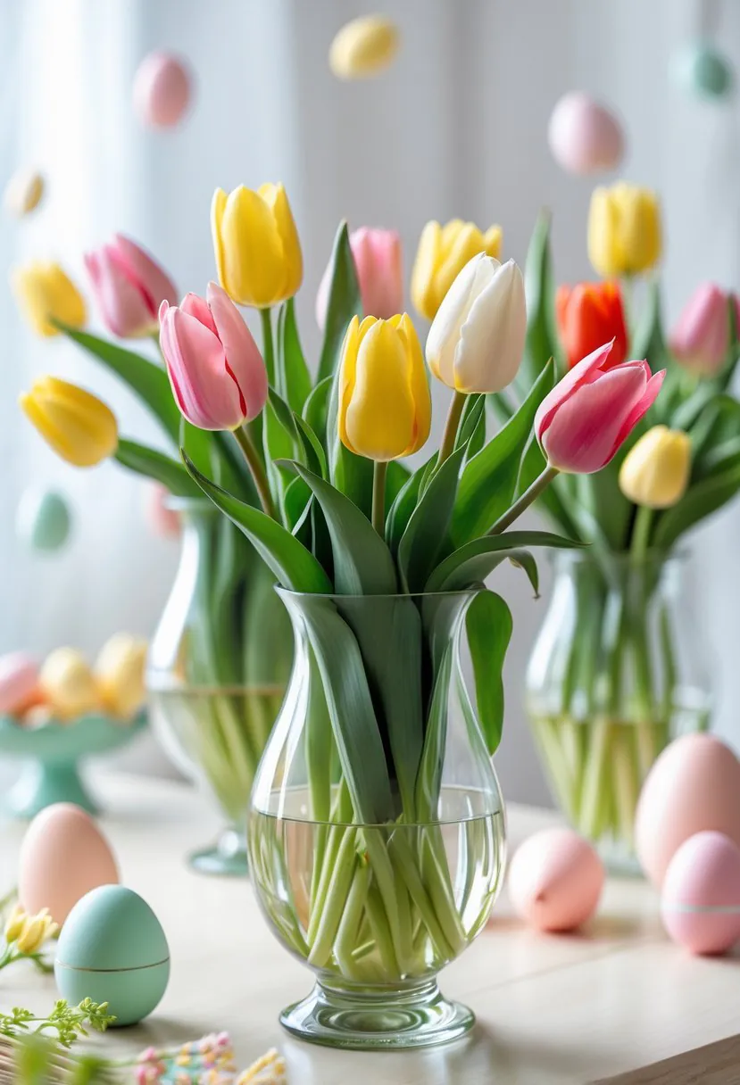 Fresh tulip flowers in glass vases arranged on a table with soft natural light and subtle Easter decorations in the background.