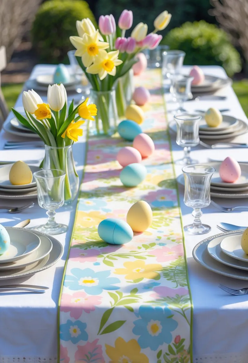A spring-themed table with floral table runners, fresh flowers, decorative Easter eggs, and neatly arranged dining settings.