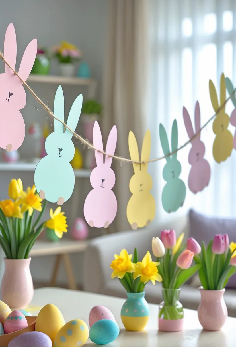 A colorful Easter Bunny garland hanging indoors with decorated eggs and spring flowers on a table below.