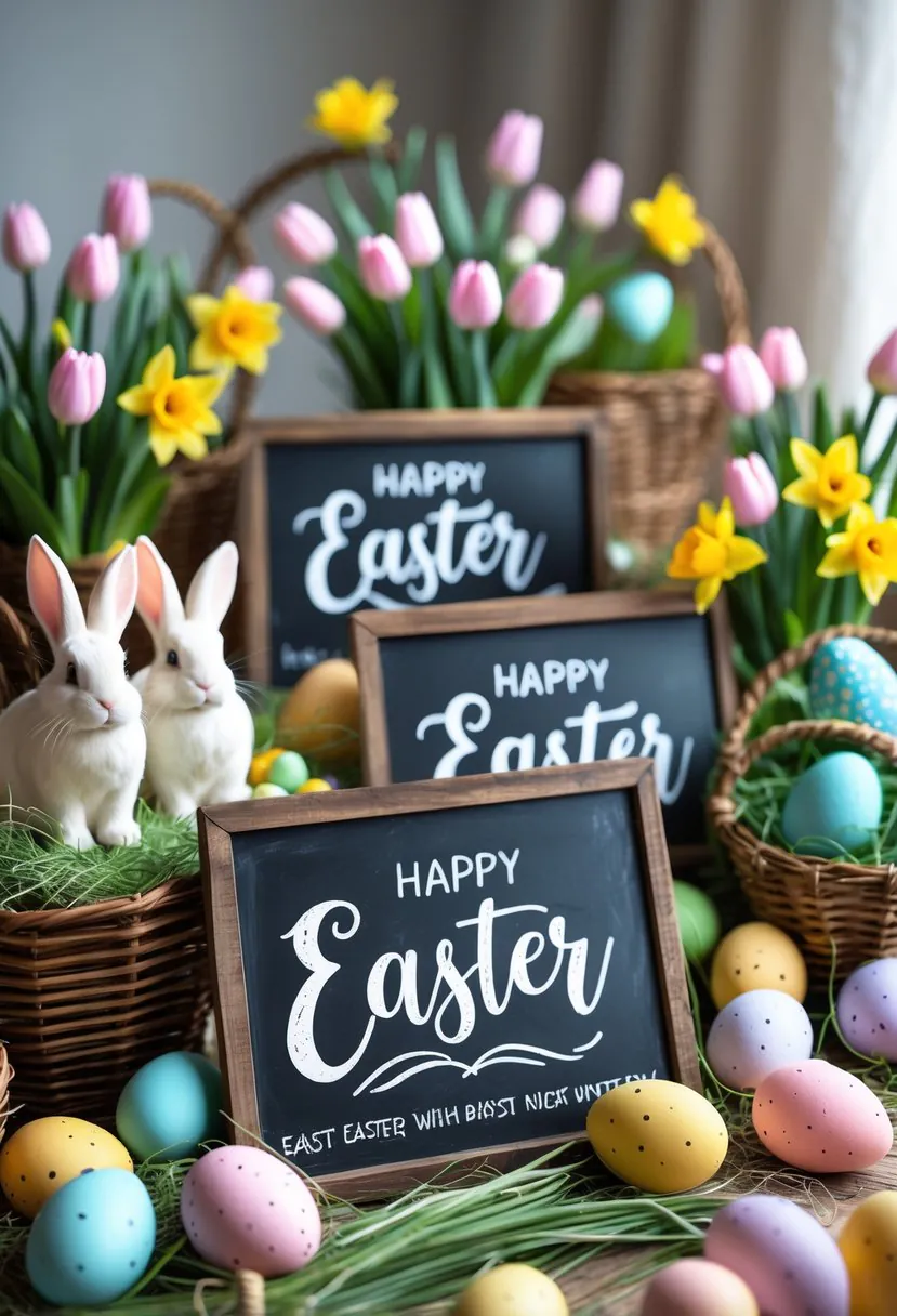 A table with chalkboard signs surrounded by Easter decorations including painted eggs, flowers, and small decorative bunnies.