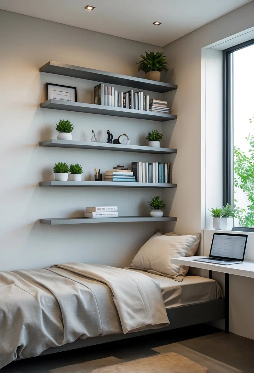 Small bedroom with floating shelves on the wall holding books and decor, a bed, and a desk near a window.