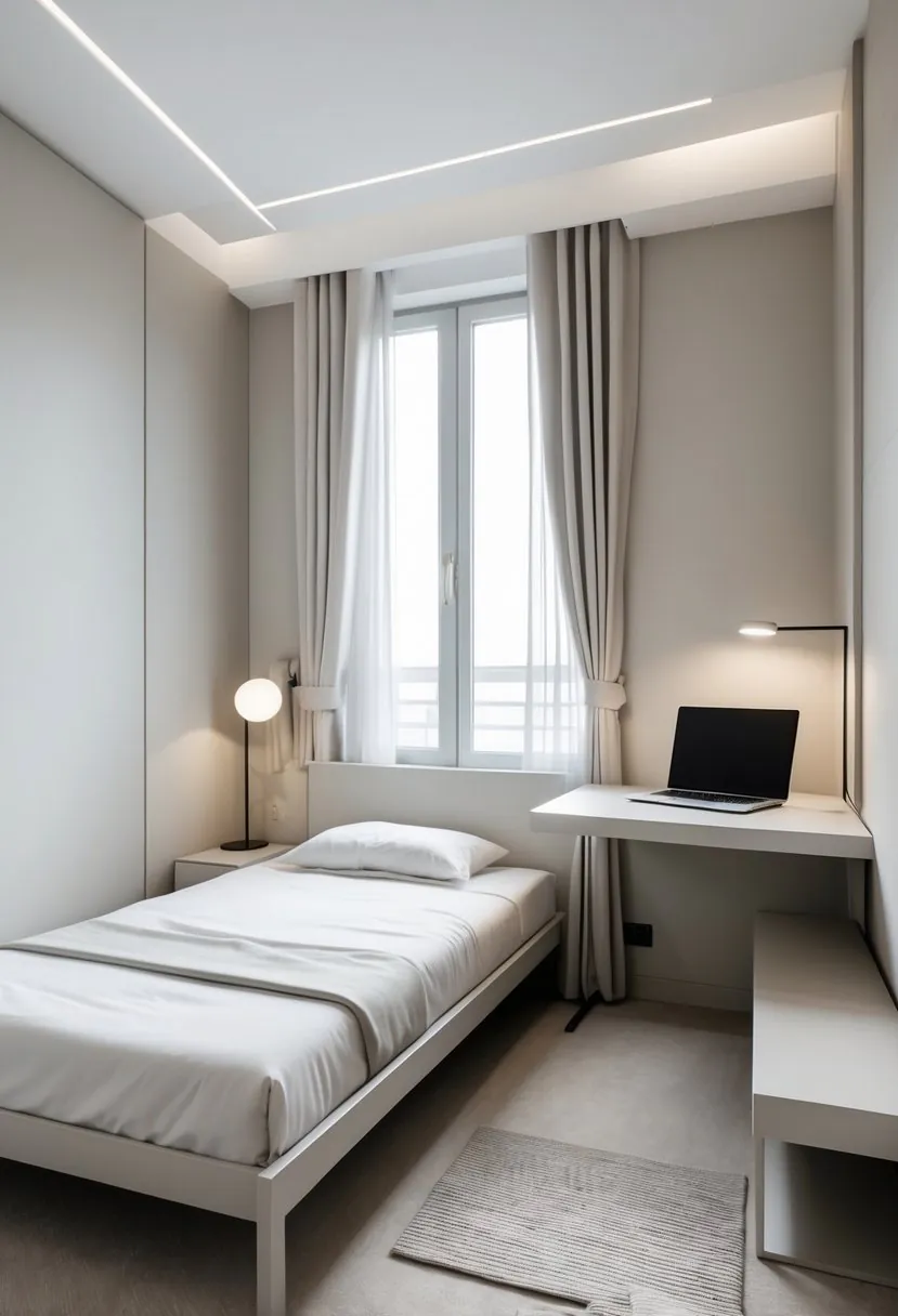 A small bedroom with a slim bed, narrow bedside table, and a slim desk with a laptop, bathed in natural light.