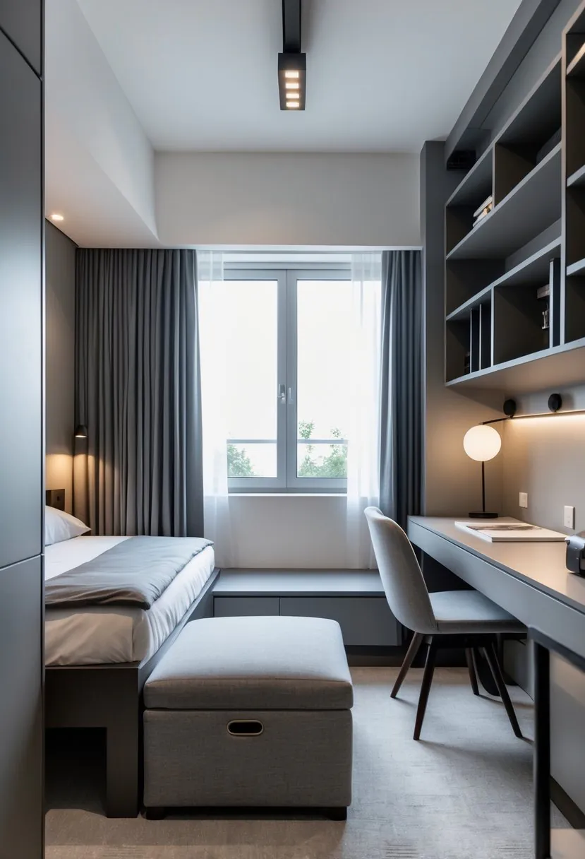 A small bedroom with a bed and a storage ottoman, a desk, and shelves, arranged to maximize space.