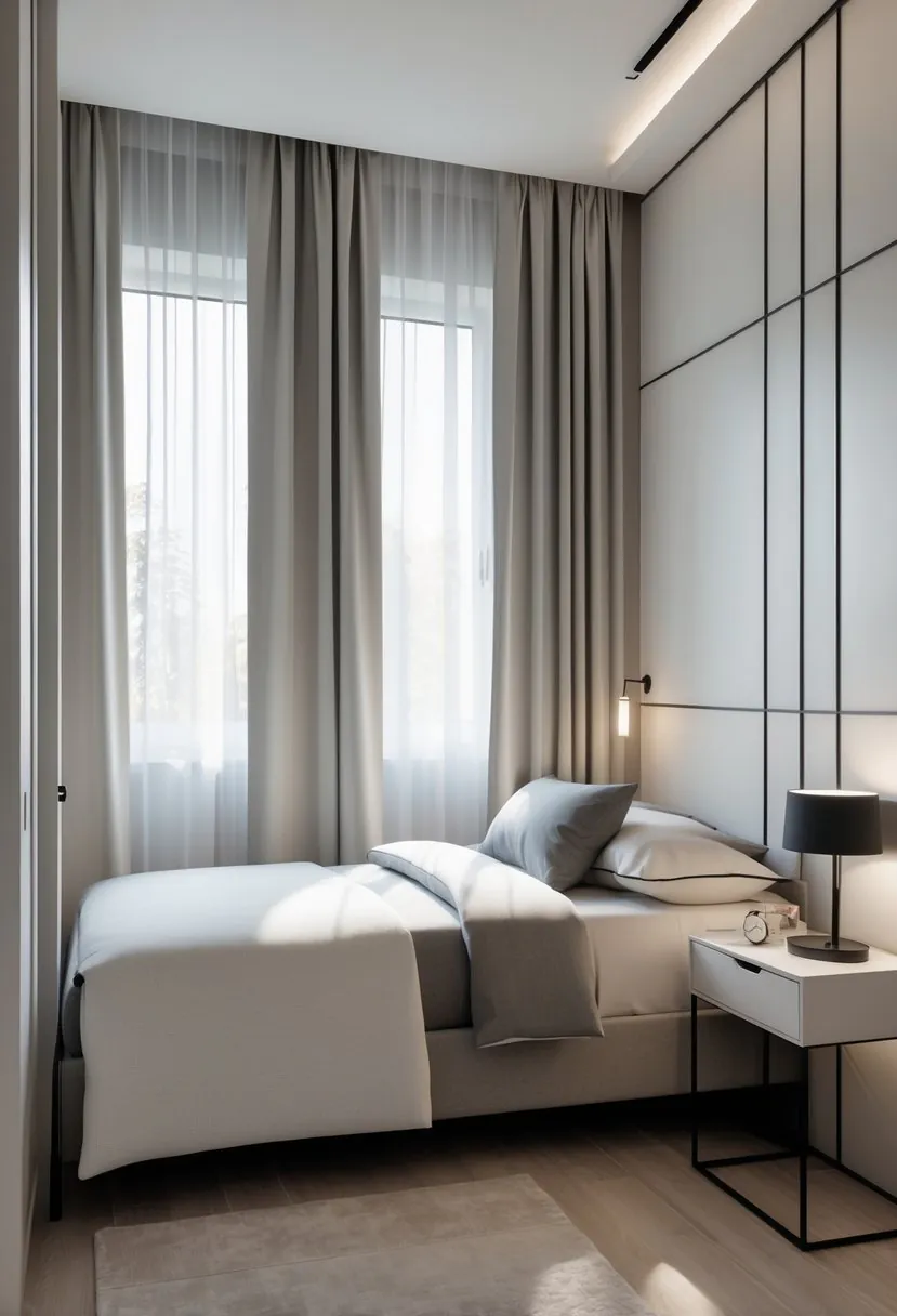 A small bedroom with curtains hung close to the ceiling, a neatly made bed, and a bedside table with a lamp.
