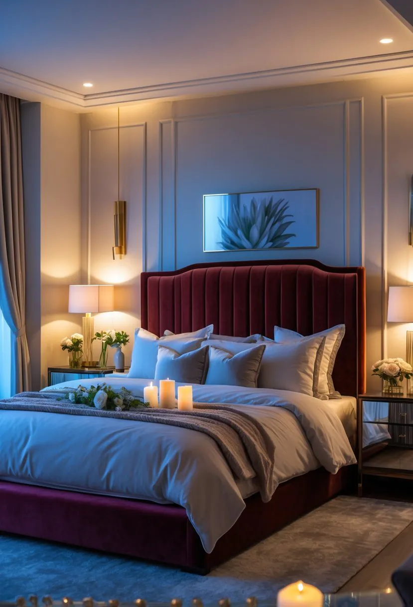 A king-size bed with a velvet upholstered headboard in a warmly lit bedroom, featuring bedside tables with lamps and soft decorative accents.