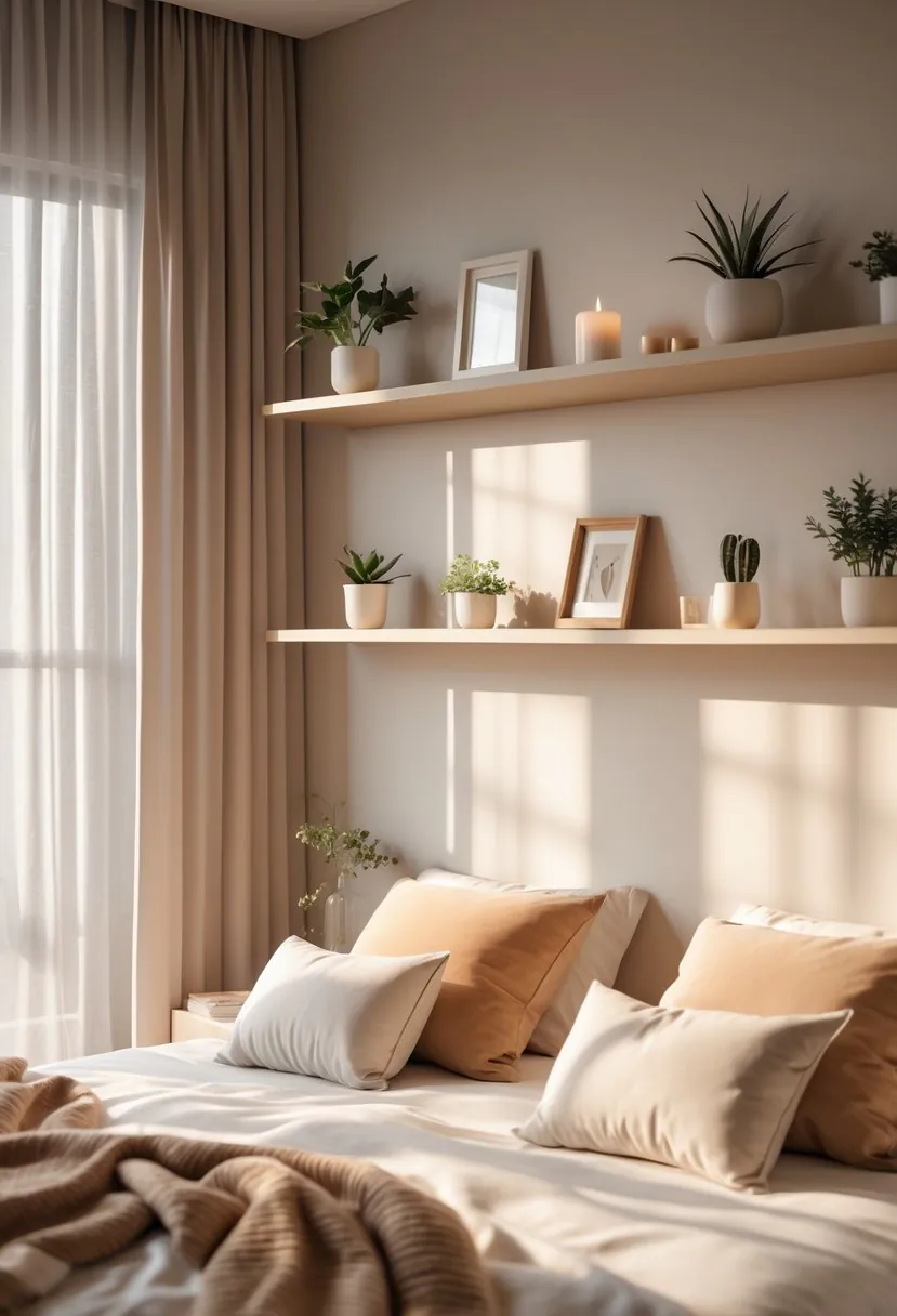 A cozy bedroom with wall-mounted floating shelves holding decorative items above a neatly made bed with pillows and a blanket.
