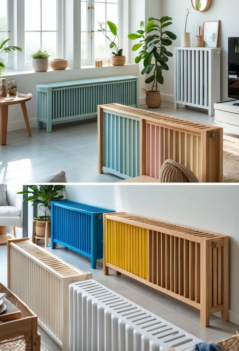A bright living room with several painted wooden radiator covers in different colors and designs surrounding baseboard heaters.