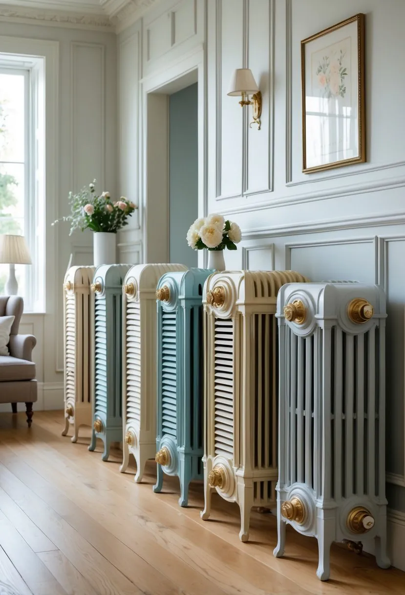 A room with several vintage wooden radiator covers featuring louvered designs, placed against paneled walls with natural light and classic furnishings.