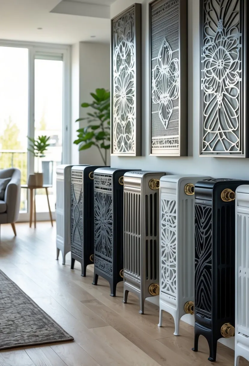 A modern living room displaying several custom laser-cut metal radiator covers with various decorative patterns.