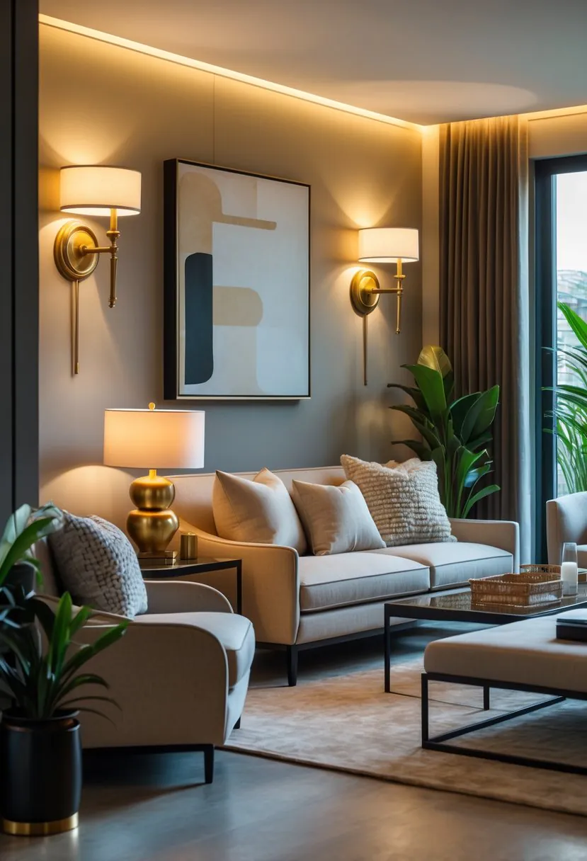 A living room with brass accent lighting fixtures illuminating a comfortable seating area with neutral colors and decorative elements.