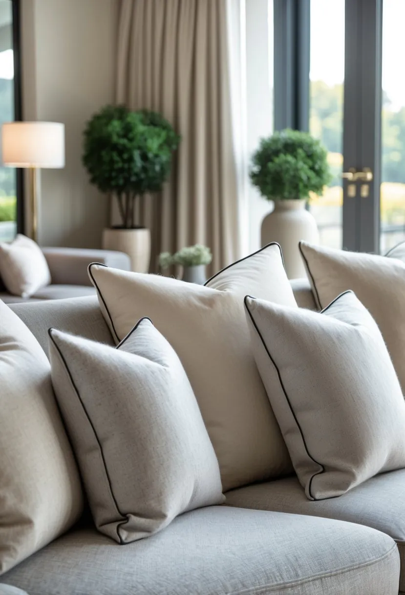 A living room with a modern sofa adorned with soft cashmere pillows, natural light, and tasteful decor.