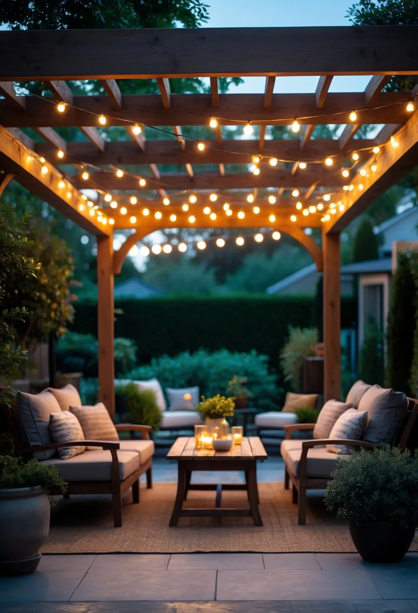 An outdoor patio with a wooden pergola decorated with string lights, surrounded by plants and outdoor furniture.