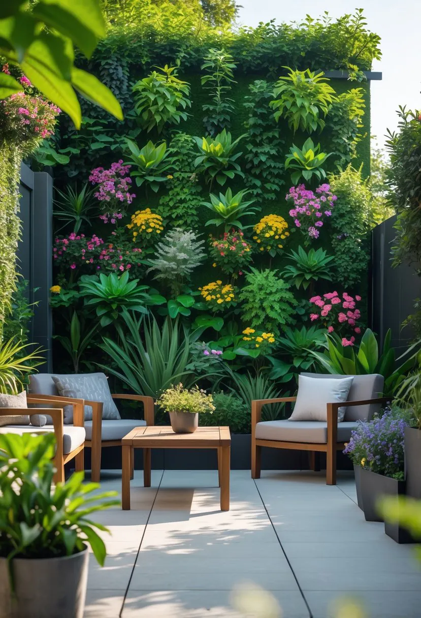 Outdoor patio with a vertical garden wall covered in plants and flowers, wooden table, and chairs under natural sunlight.