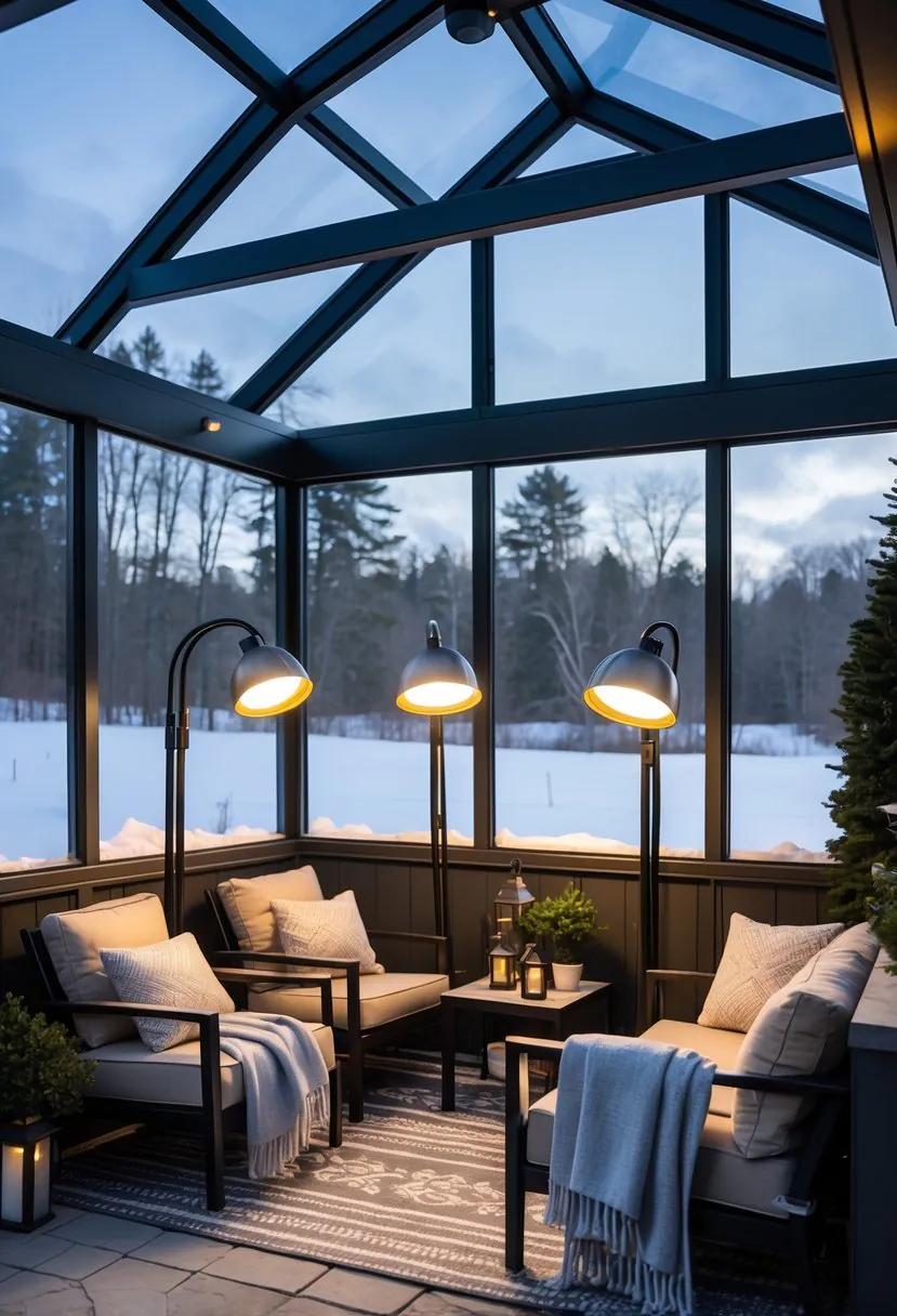 Enclosed patio with double-glazed windows, outdoor seating, and heat lamps providing warmth.