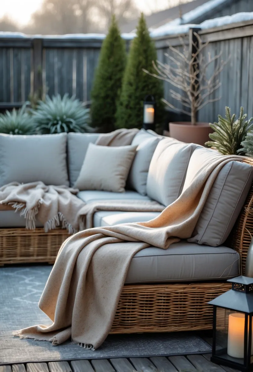 Outdoor corner seating area with a rattan sectional sofa covered by waterproof blankets in a winter setting.