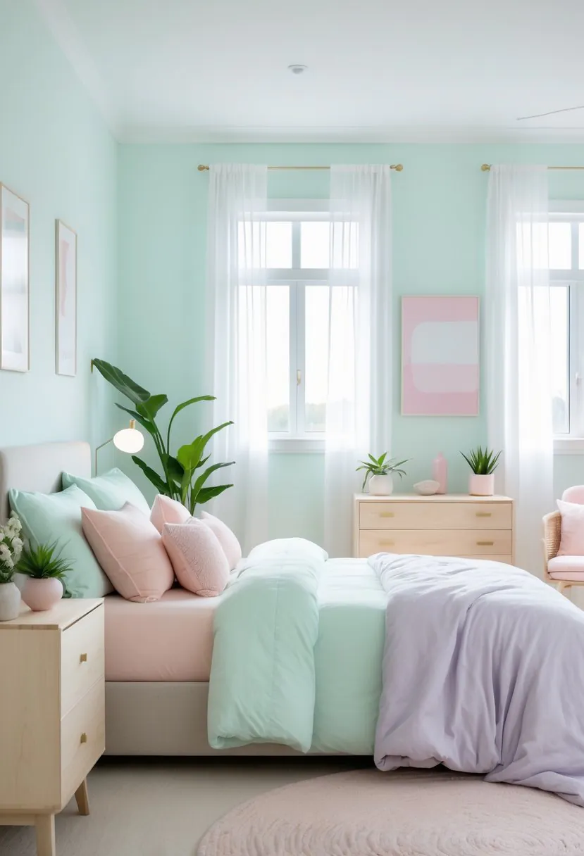 A well-lit bedroom with a bed, wooden furniture, pastel-colored bedding, and plants near large windows.